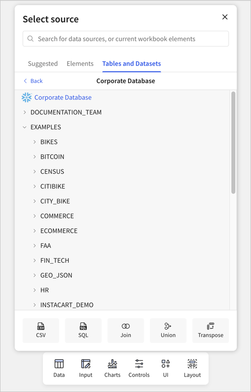 Select a source with options as described in surrounding text. The primary tab shows Suggested data sources, and the top one is in use by 1 element already.
