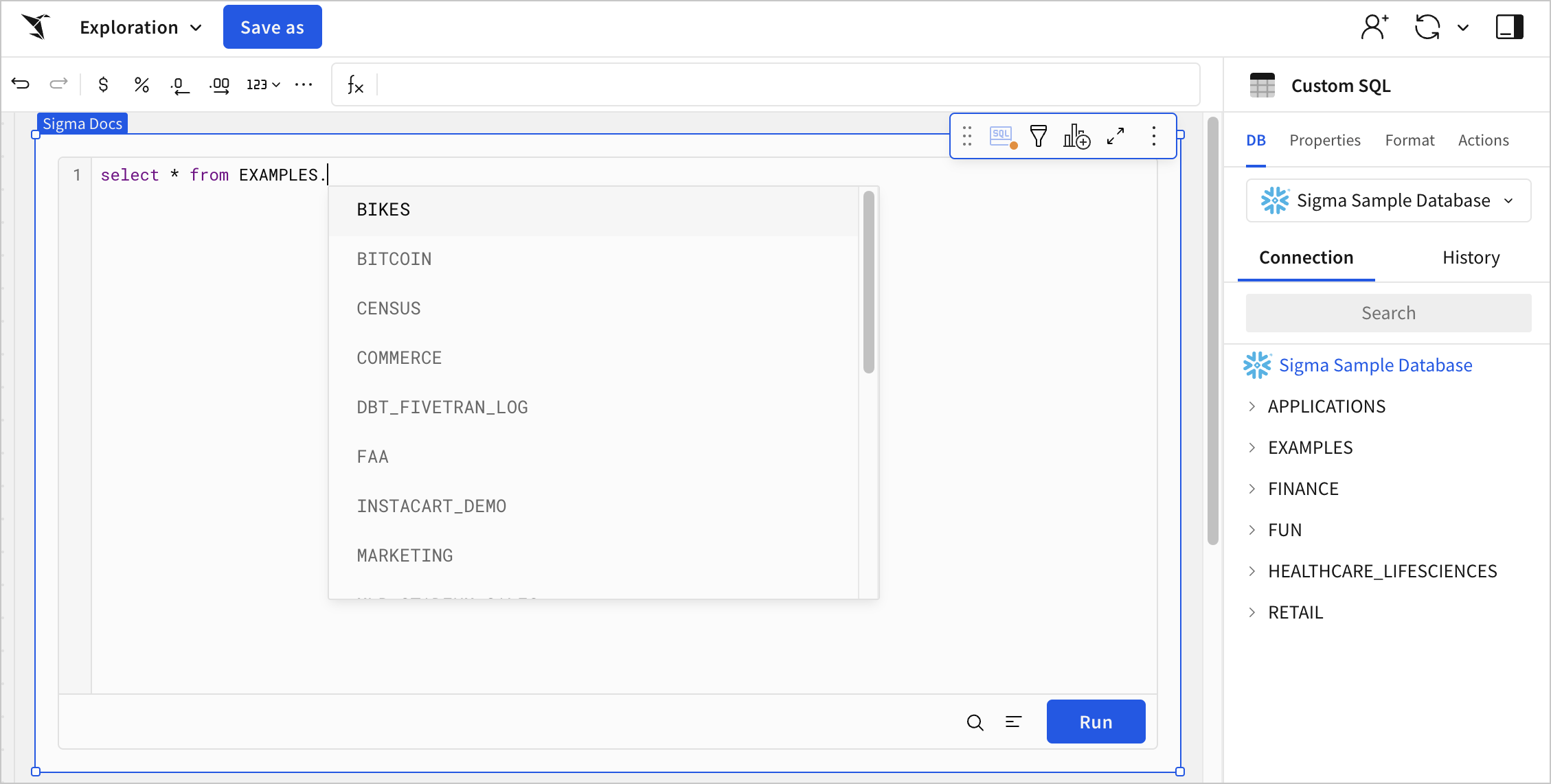 SQL panel in a workbook with SQL syntax of select * from EXAMPLES., with an autocomplete dropdown suggesting multiple available schemas such as BITCOIN, BIKES, CENSUS, and more.