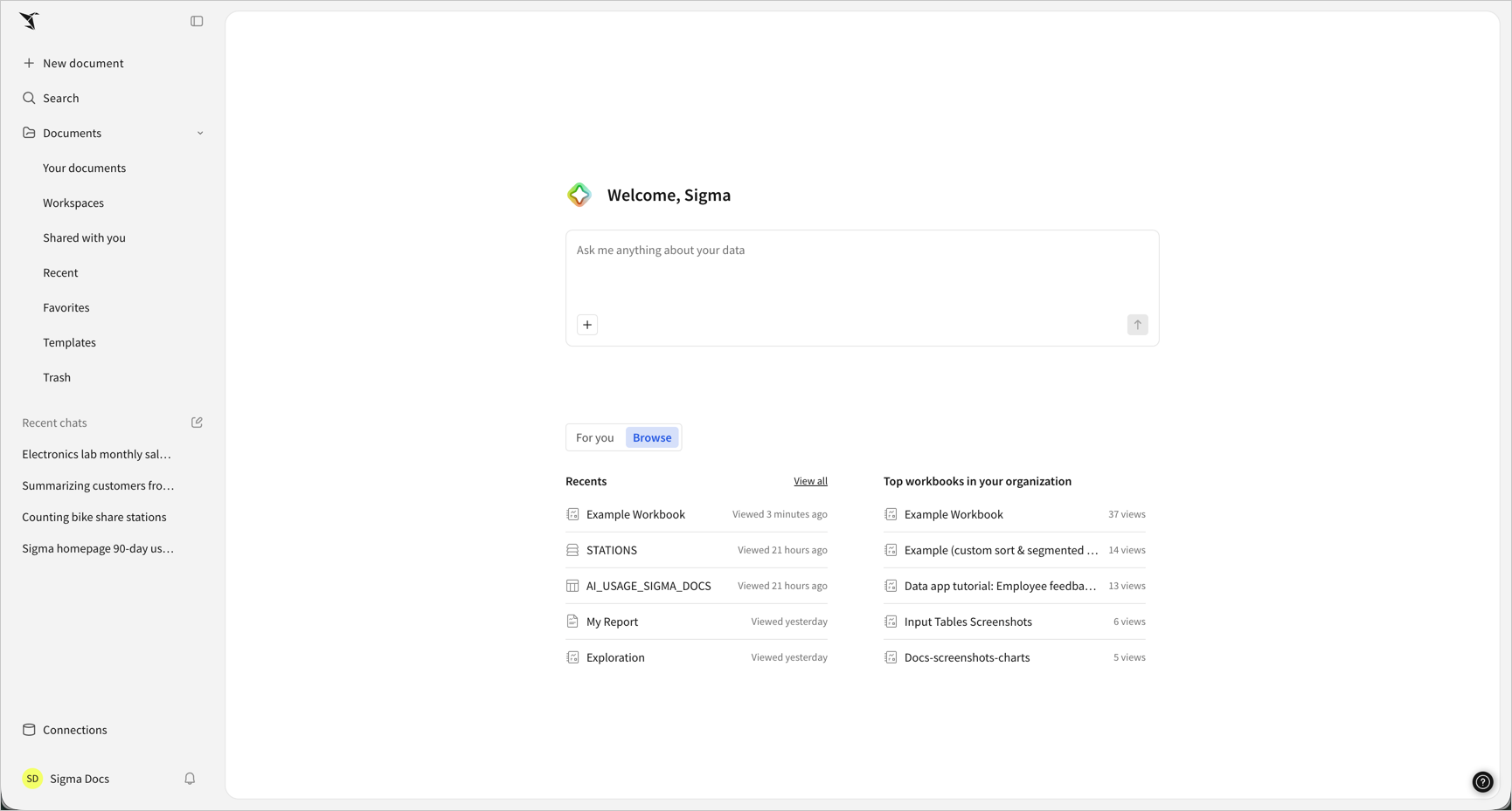 The default Sigma home page without a custom For you page, showing Recents and Top workbooks in your organization document lists side by side.