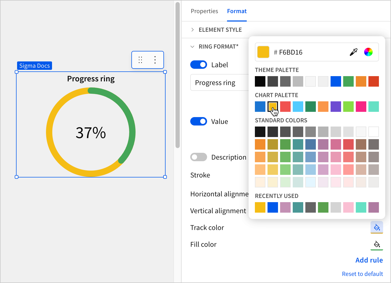 Progress ring element showing a yellow track and a green fill arc at 37%, with the Format tab open in the editor panel, the Ring format section expanded, and a color picker open showing a yellow swatch selected under Track color.