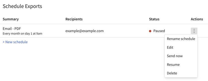 The Schedule Exports dialog showing a Paused export with its More menu open and the Resume option available.