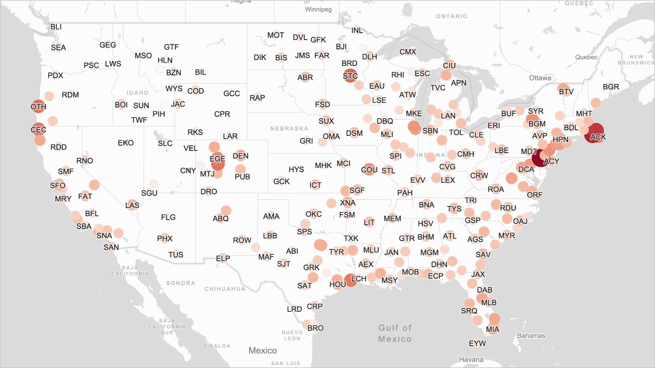 An example of a point map shows the location of several US airports. Points appear larger and redder based on how delayed flights are in leaving each airport.
