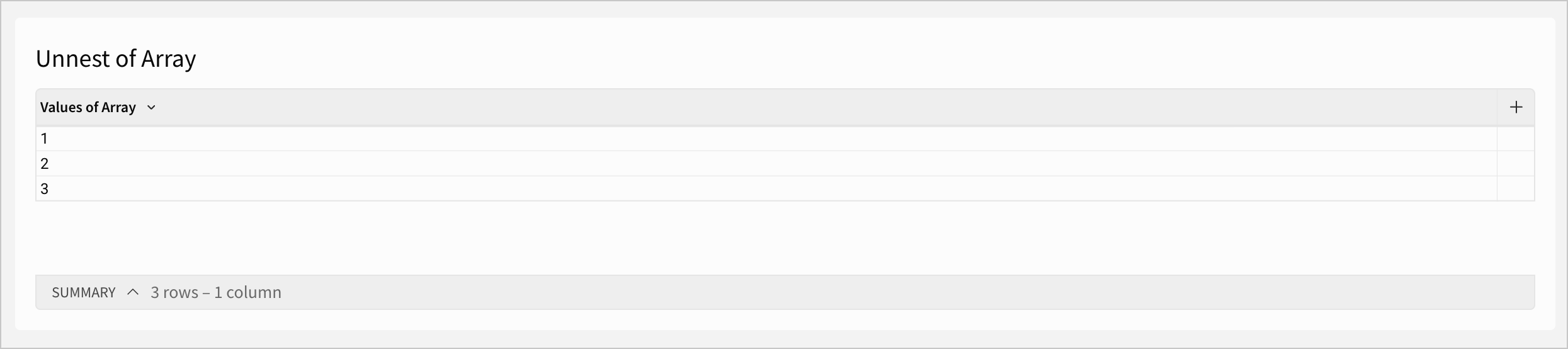 A table named Unnest of Array shows three rows, containing the values 1, 2, and 3, across the three rows respectively