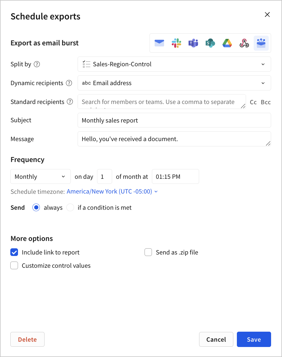 The Schedule exports modal configured for an email burst, with Split by set to Sales-Region-Control, Dynamic recipients set to Email address, and a monthly frequency.
