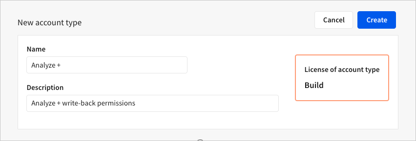 Image of the new account type creation screen showing the license assigned to the account type based on the enabled permissions.