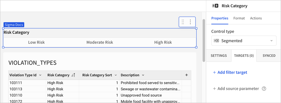 The Properties panel for a Risk Category segmented control with the Targets tab selected, showing zero targets and the Add filter target option.