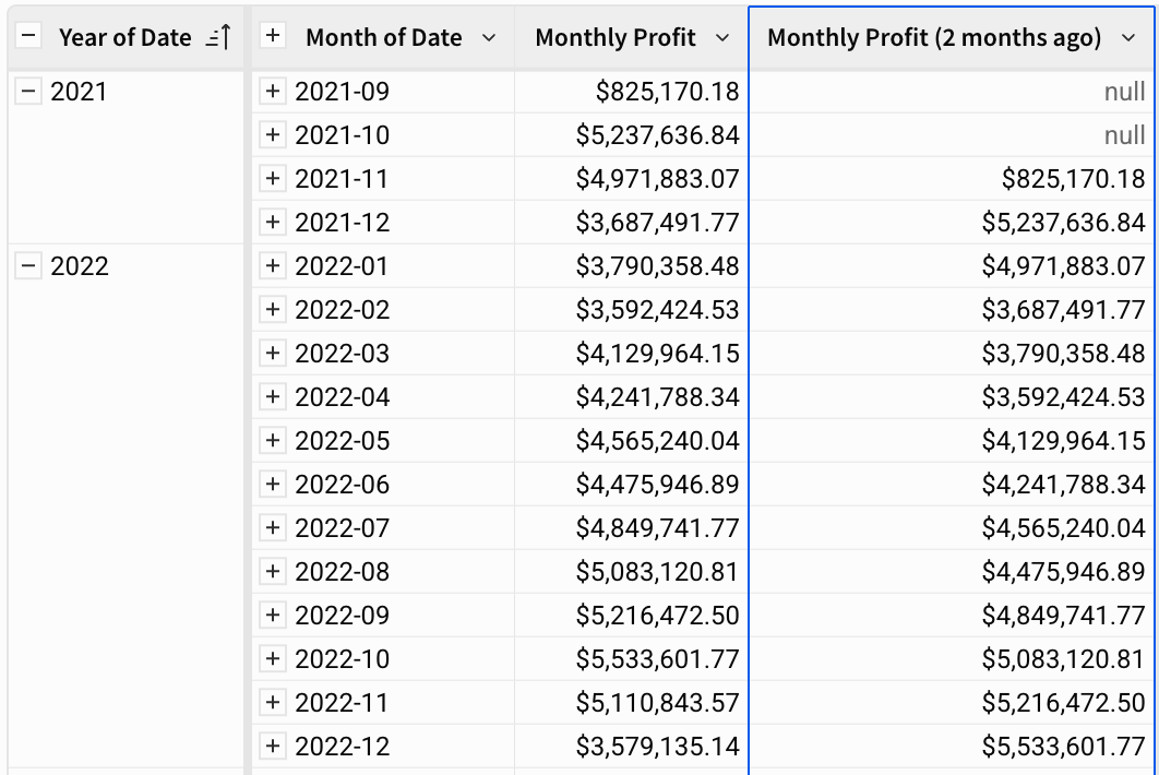 A table with groupings by year and month shows monthly profit. The Monthly profit (2 months ago) column shows the profit two months ago for each month, corresponding to the Monthly profit column