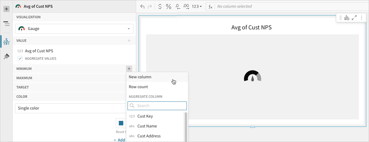 Minimum property + menu open in the New Gauge editor, showing New column, Row count, and an Aggregate column list with a search field.