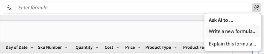 Table showing an empty column. Formula assistant menu displayed with cursor over the "Write a new formula" option.