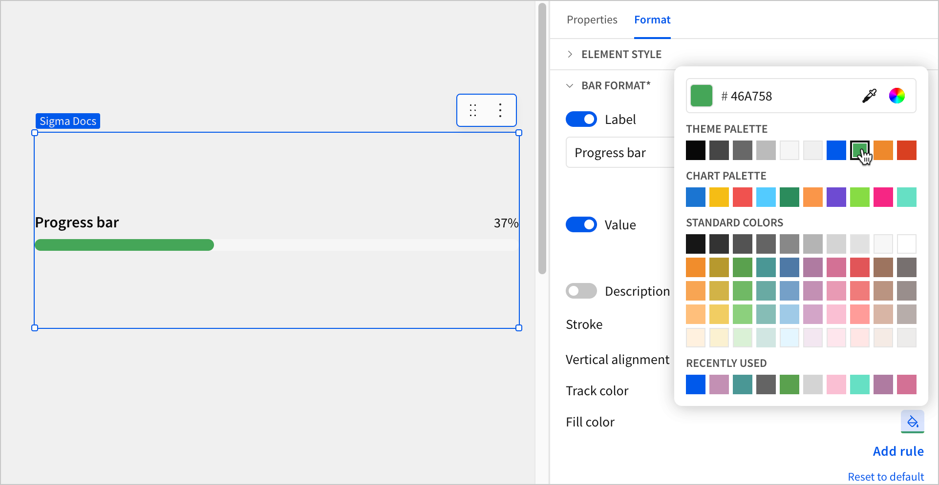 Progress bar element selected in the workbook, with the Format tab open in the editor panel, the Bar format section expanded, and a color picker open showing a green swatch selected under Fill color.