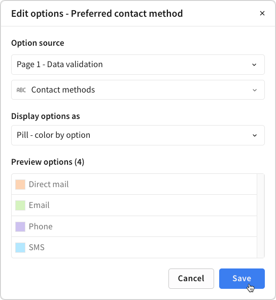Image showing a popover containing the options configuration for a single-select or multi-select column with a data element as the option source.
