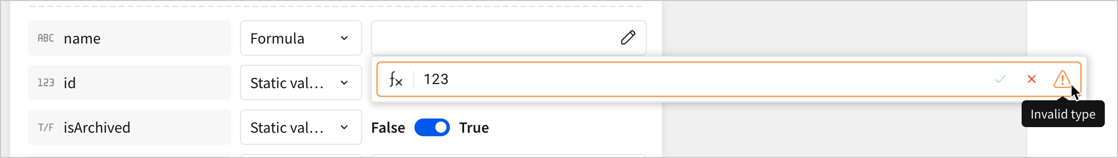 An example Call API action configured with a formula value of 123 on a dynamic value with the type Text, showing an Invalid type error