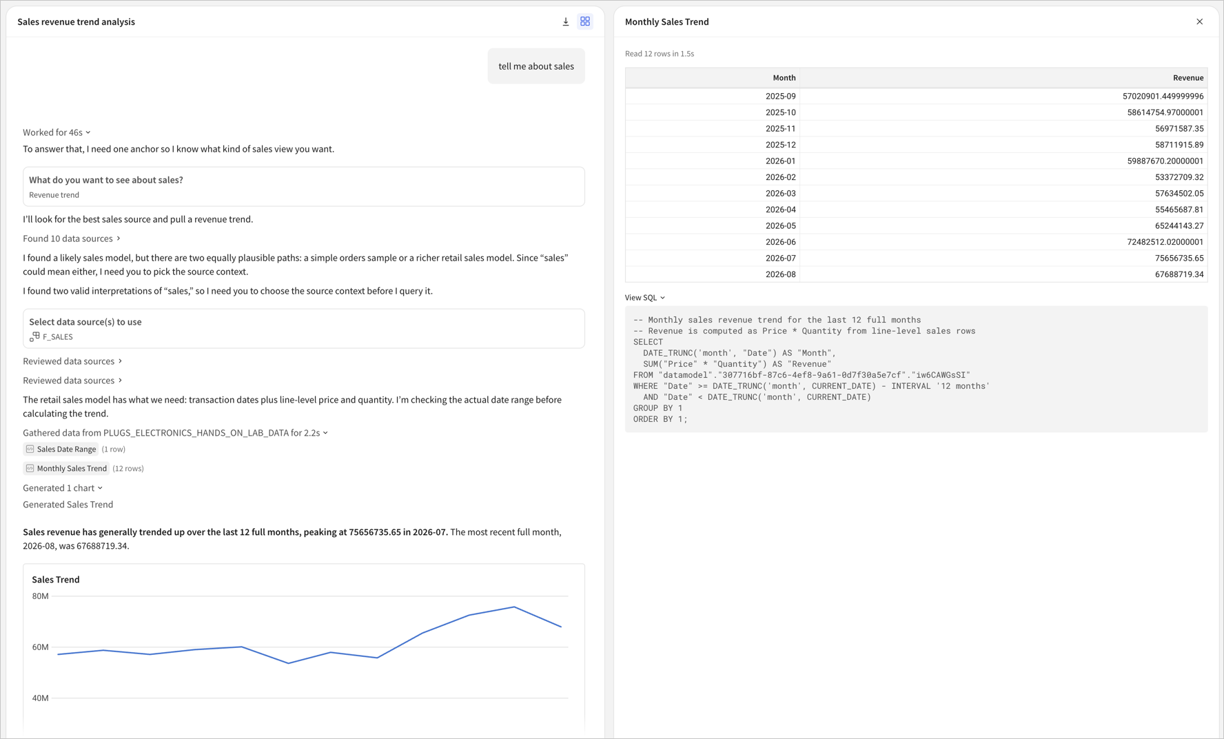 Assistant response to the question, with the working details expanded and the results table and SQL query shown on a summary panel.