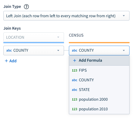 Join type options showing the option to add a formula as the target join key when joining datasets.