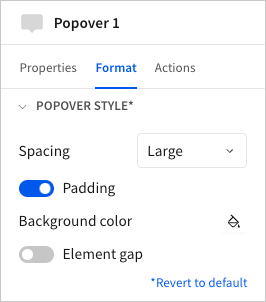 The editor panel Format tab with the Popover style section expanded, showing Spacing, Padding, Background color, and Element gap settings.
