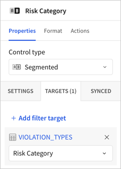 The Properties panel Targets tab showing one target: the VIOLATION_TYPES table with the Risk Category column selected.