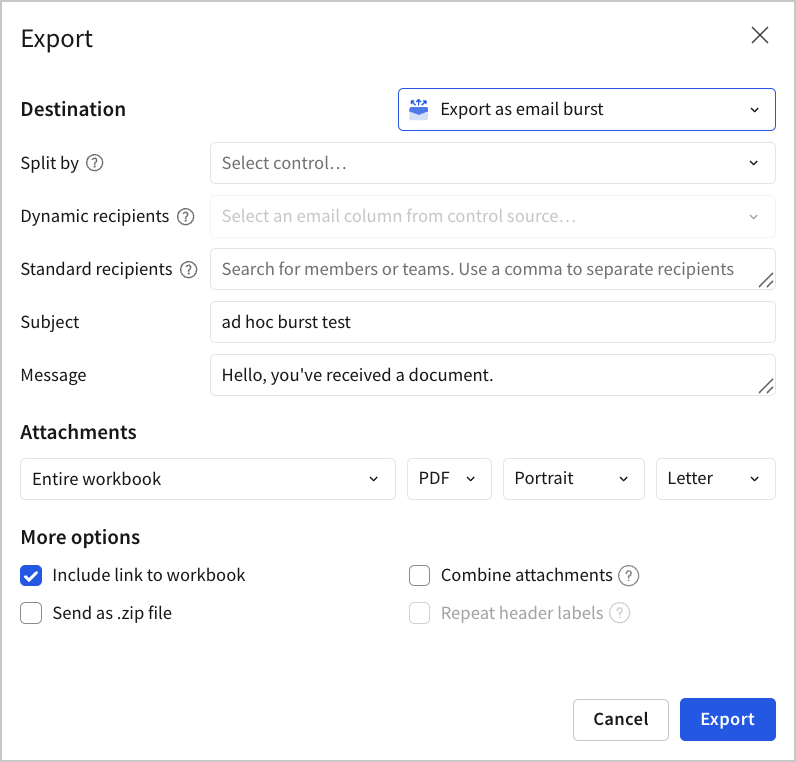 The Schedule exports modal with Export as email burst selected, showing the Split by, Dynamic recipients, and Standard recipients fields above the Subject, Message, and Attachments sections.