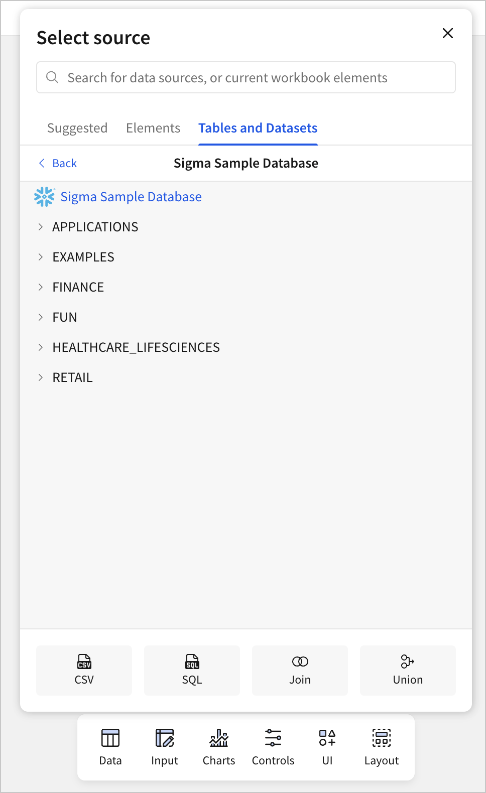 Select source popover modal showing the Sigma Sample Database selected in the Tables and Datasets tab, with four options at the bottom for CSV, SQL, Join, and Union.