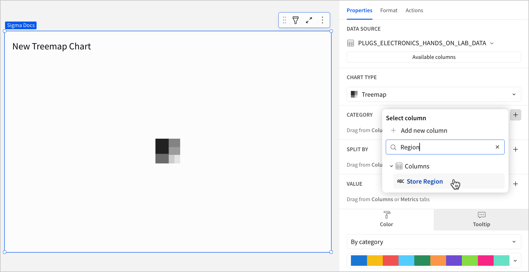A blank treemap chart titled New Treemap Chart, and the cursor hovering over a column named Store Region in the Select column popover, with the word Region typed in the search box