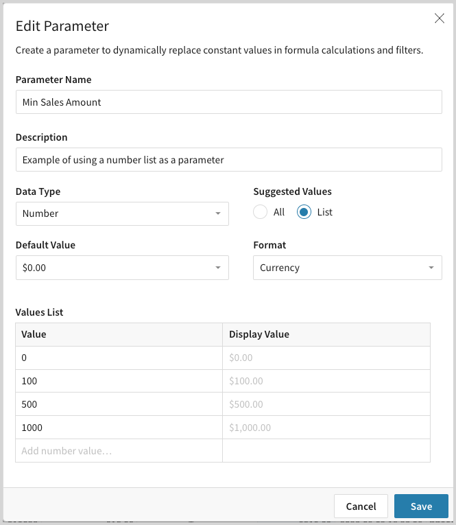 Edit parameter modal, with the format set to Currency, and a value list option showing the number 0, with a display value of $0.00