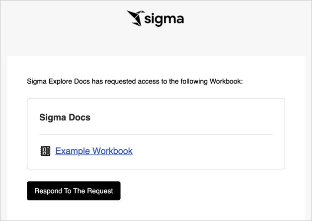 Email notification with the subject "Request for access to a workbook" and a link to Sigma to respond to the request. The email body contains the name of the user who requested access and the document name.