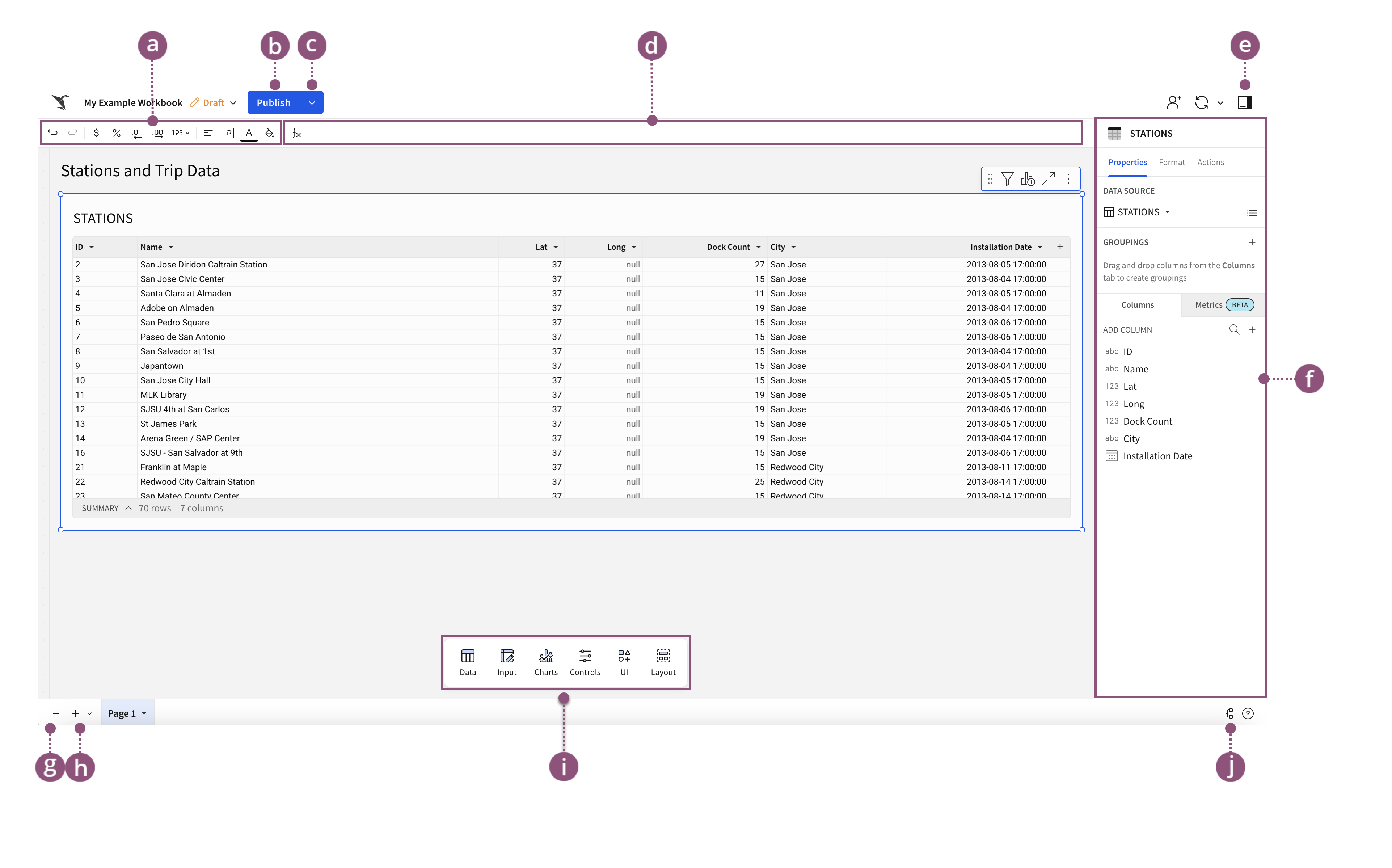 Annotated diagram of workbook in Edit mode