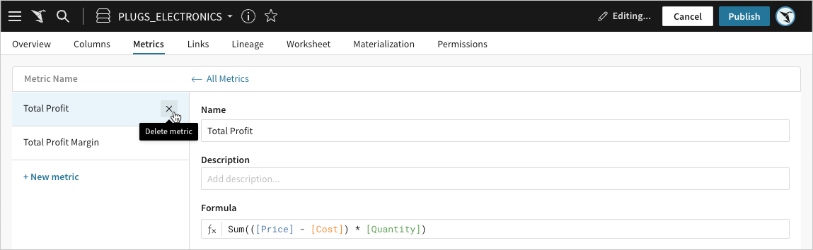 Metric view for the selected metric, with the delete metric option highlighted next to the metric name.