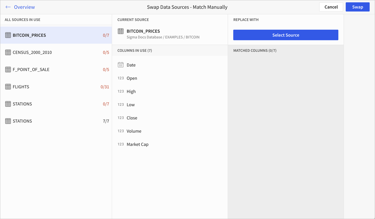 Manual match page, with one column listing existing sources in the document, a second column showing the columns in the selected source, and a third column with an option to select a new source.