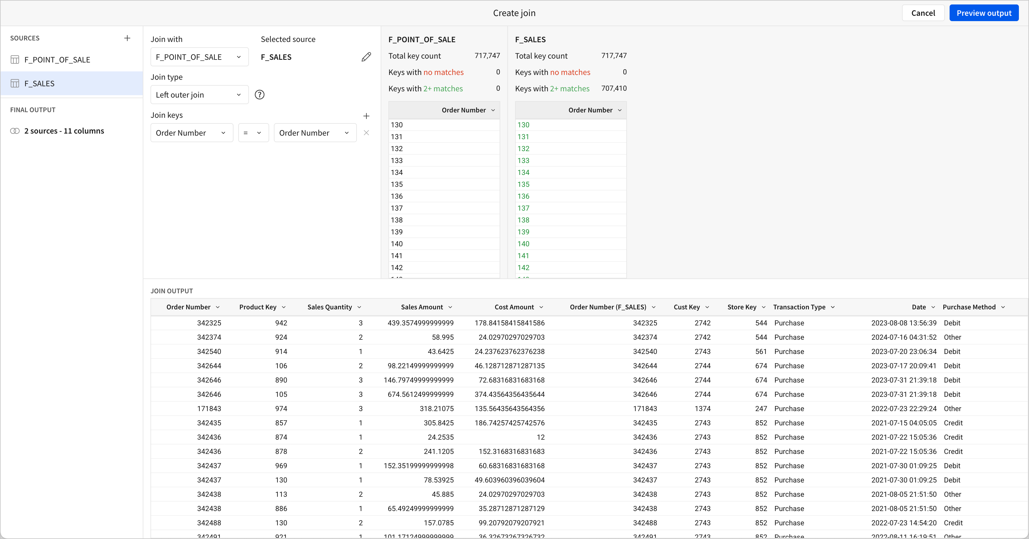 The Create join page with F_POINT_OF_SALE and F_SALES as the join sources, a left outer join type, both join keys set to Order Number, and the join output preview showing combined columns from both tables.