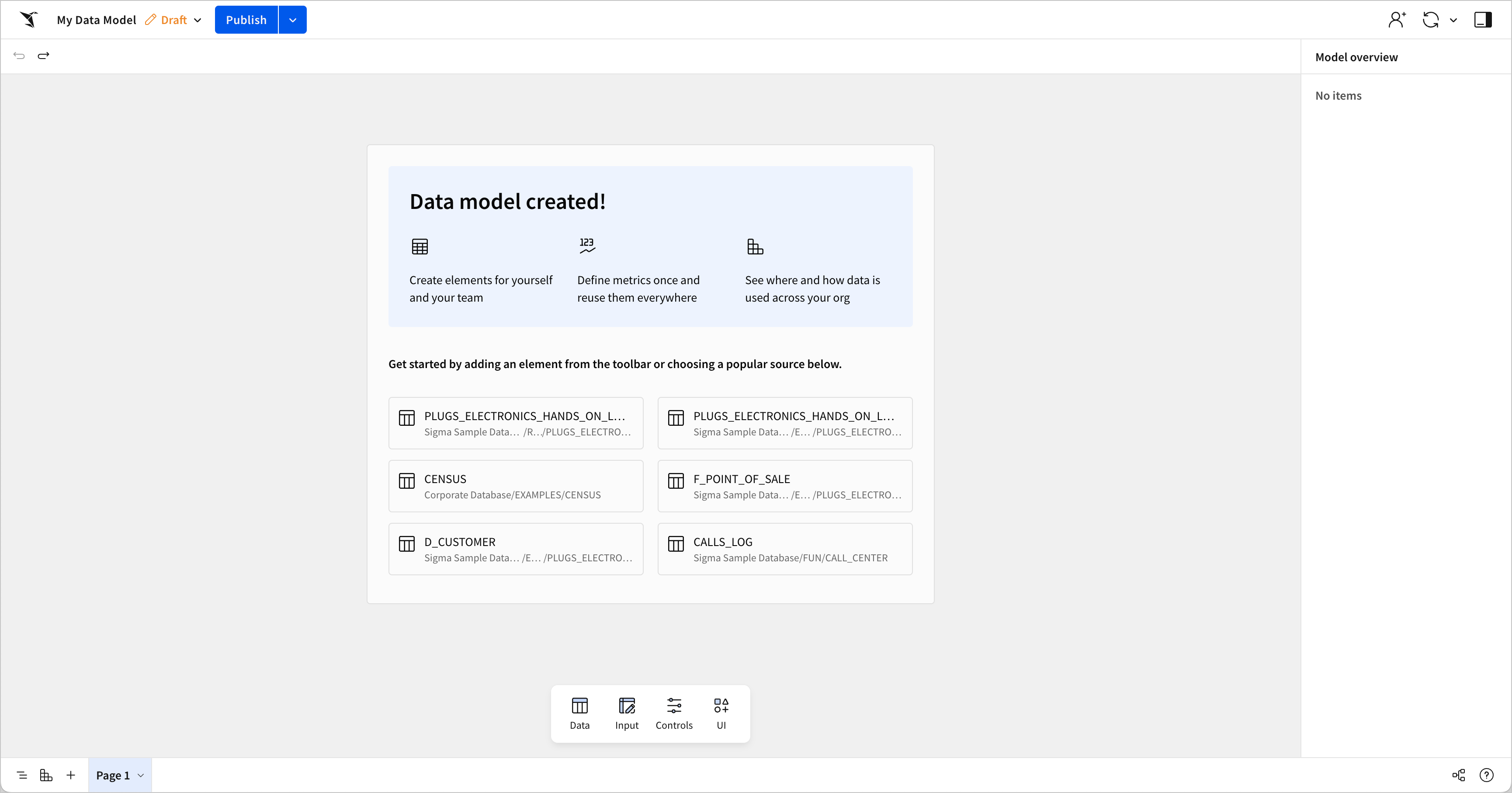 A blank, newly created data model displaying the "Data model created!" welcome text above a list of suggested data sources for getting started.
