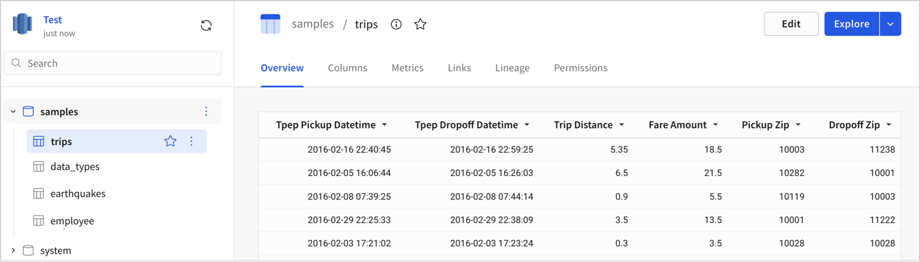 The browse connection view with the samples database expanded in the left panel and the trips table selected, showing its Overview tab with trip datetime, distance, and fare amount columns.