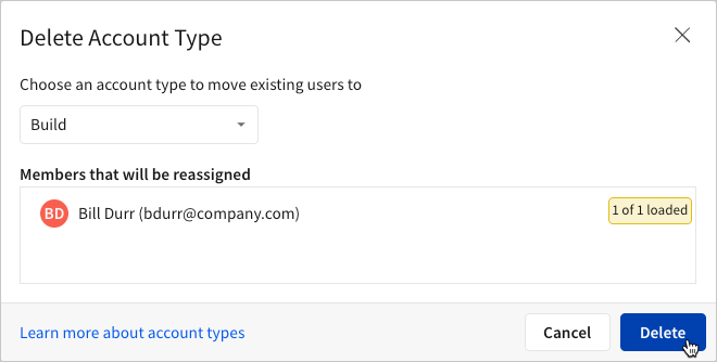 Image of the delete confirmation modal, showing that one user will be moved to a different account type.