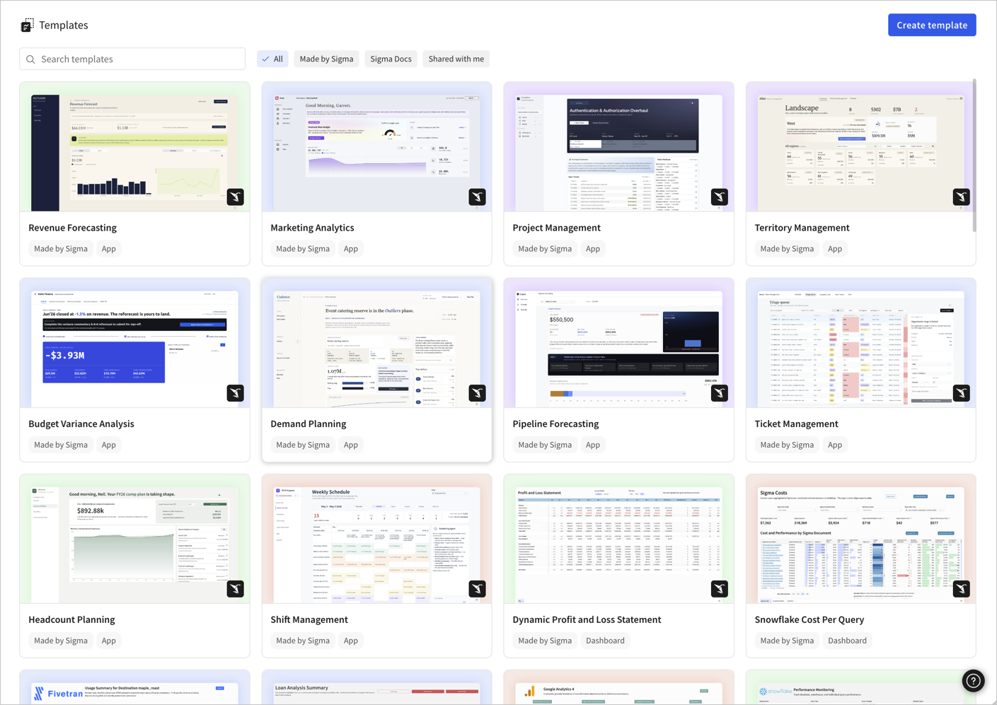 Template gallery page with revenue forecasting, marketing analytics, project management, territory management, budget variance analysis, demand planning, pipeline forecasting, ticket management, and other app templates visible as cards with filters for made by Sigma, shared with me, and the organization name.