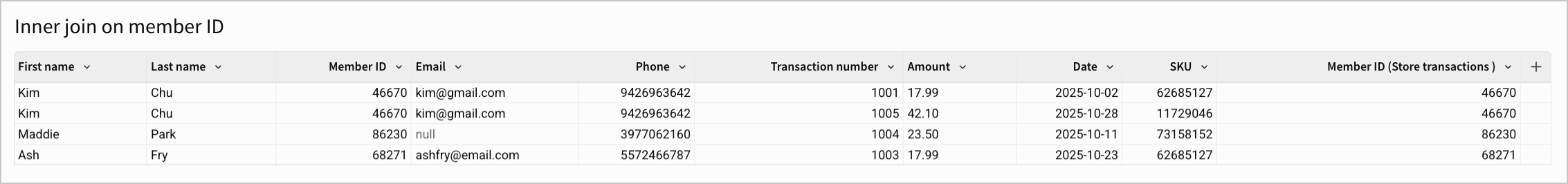 Inner join result of the customer registry and store transactions tables on Member ID column.