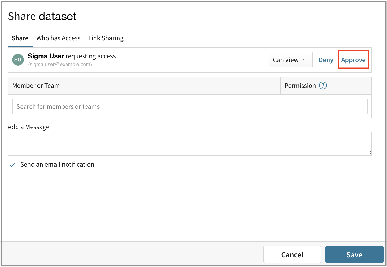 The Share dataset modal with the Approve option highlighted for a pending access request.