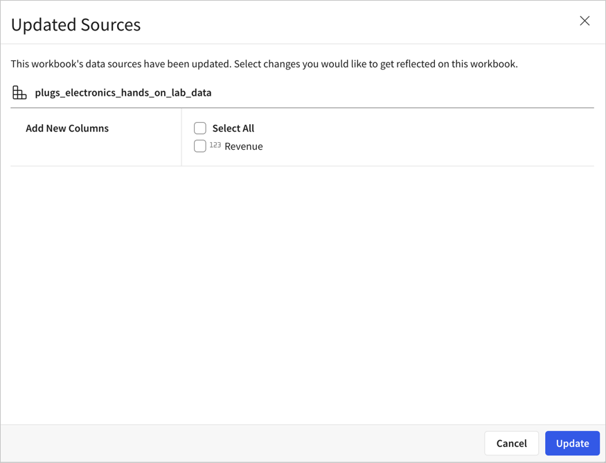 Updated sources modal indicating that the workbook's data sources have been updated, displaying the plugs electronics hands on lab table in a data model and in an Add New Column section, an option to select all columns that were updated, listing just one column, Revenue.