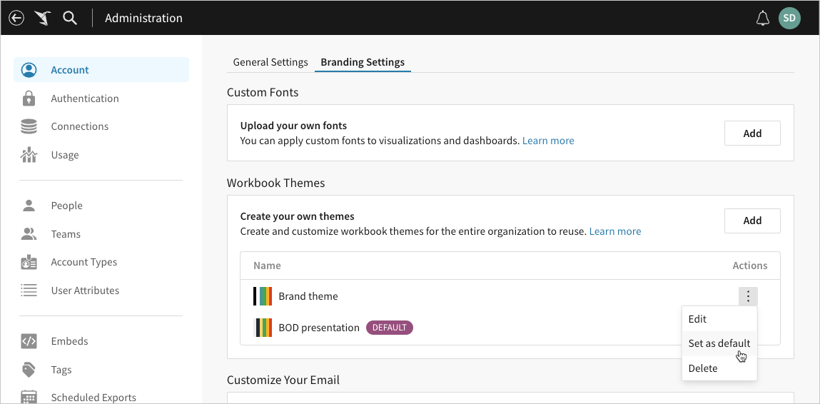 More menu open for a non-default theme, hovering over the option to Set as default.