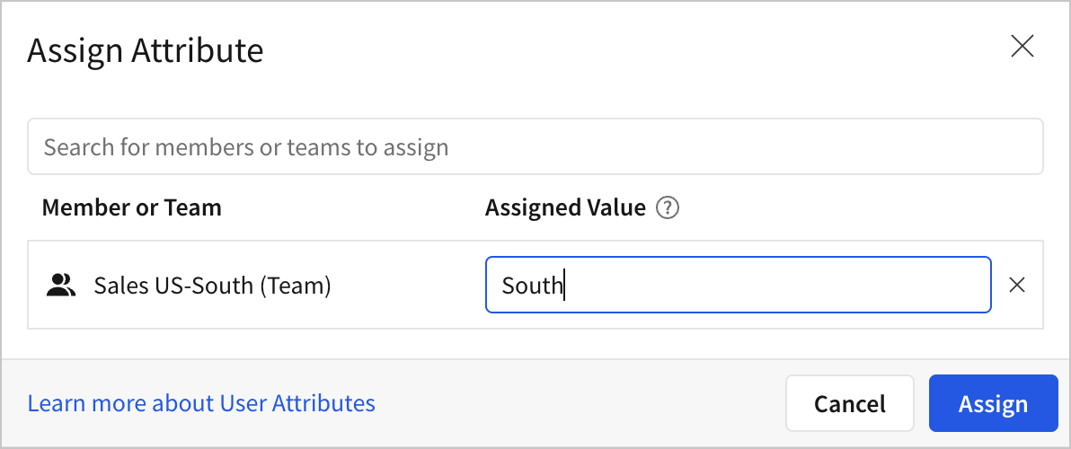 Assign attribute modal with the Sales US-South team selected and an assigned value of South.