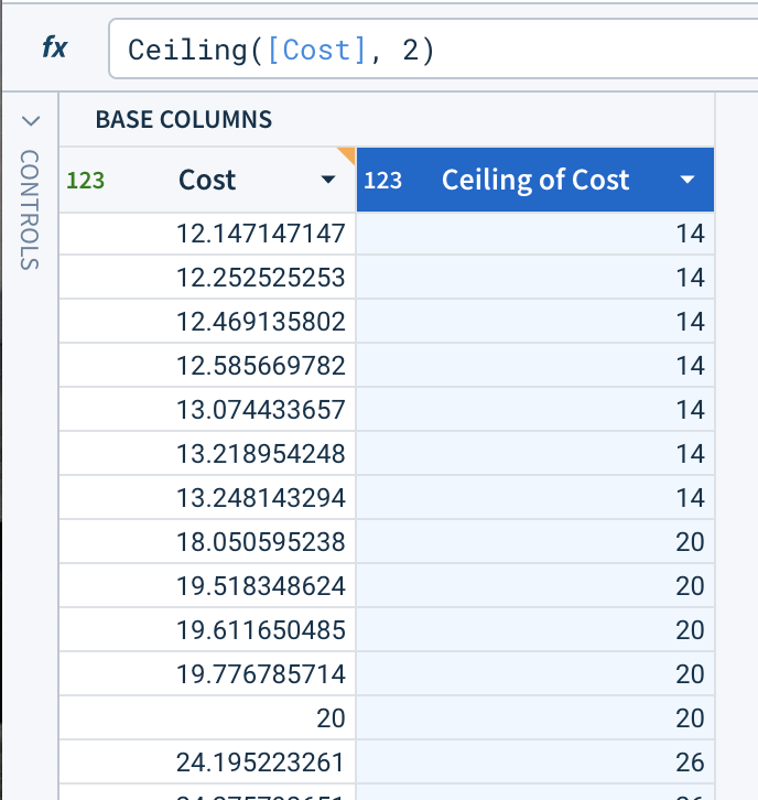 For given cost data of 12.14, 12.25, 12.46, 12.58, 13.07, 13.21, 13.24, 18.05, and others, the ceiling of cost column has values of 14, 14, 14, 14, 14, 14, 14, and 20.