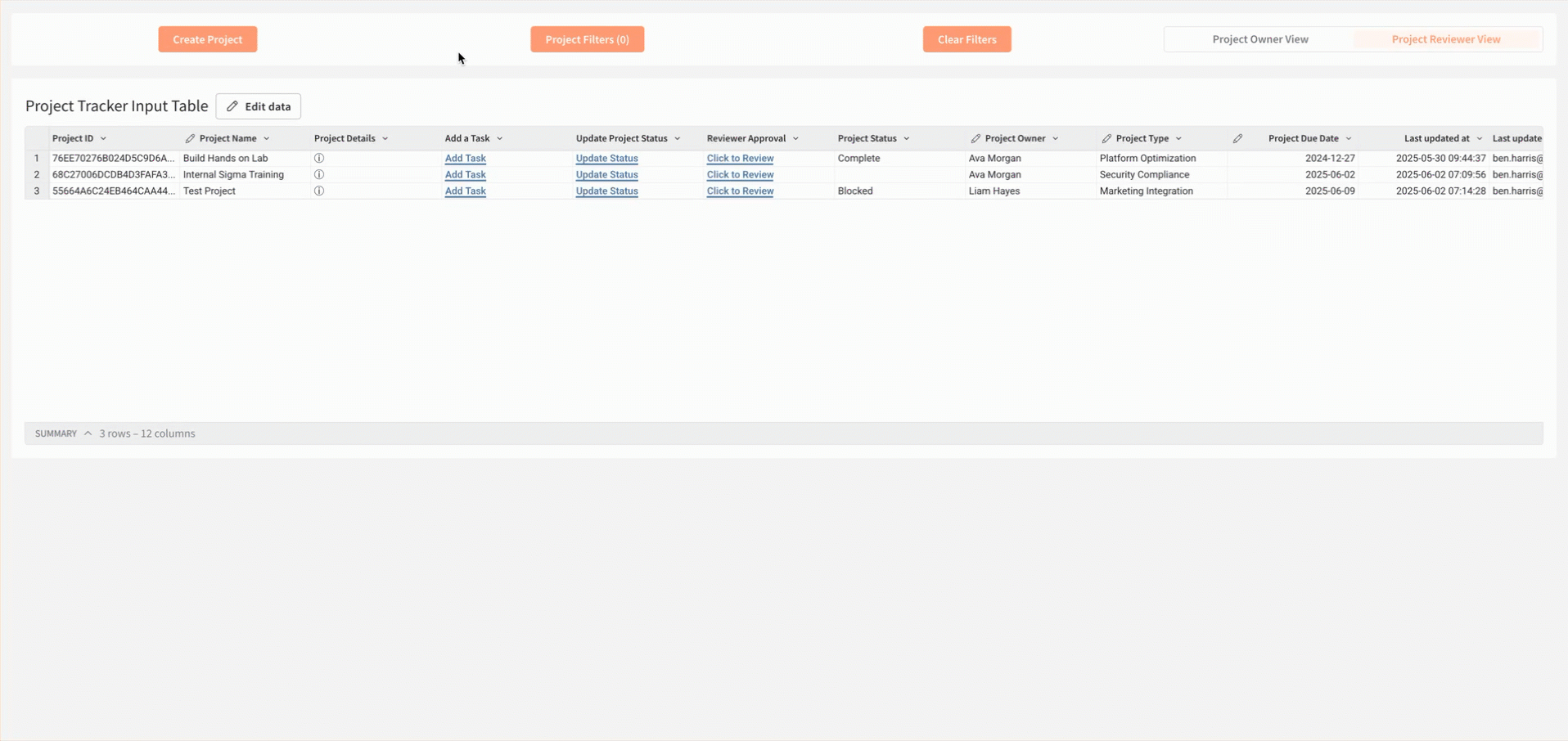 A Create Project modal open over a workbook page, with several fields filled in before a new row is added to a data table and the modal closes.