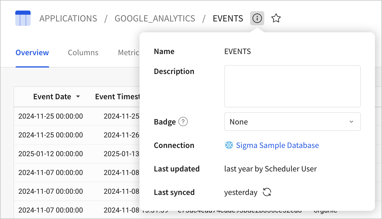 More info options for sample EVENTS table, showing a description, badge, connection, last updated, and last synced information for the table.