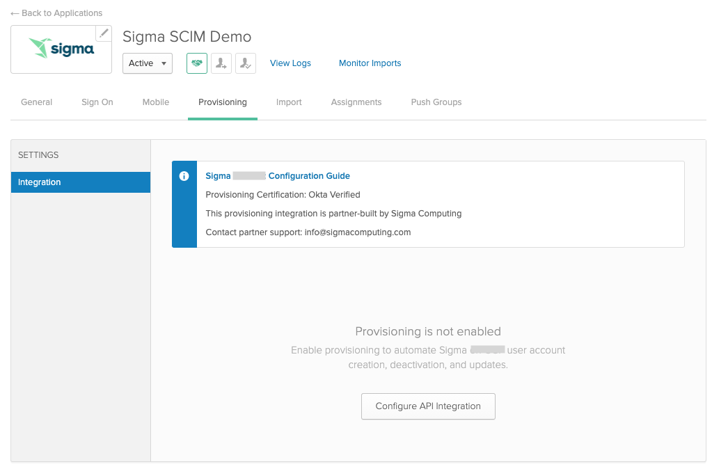 The Provisioning tab of the Sigma app in Okta showing 'Provisioning is not enabled' and a Configure API Integration button.