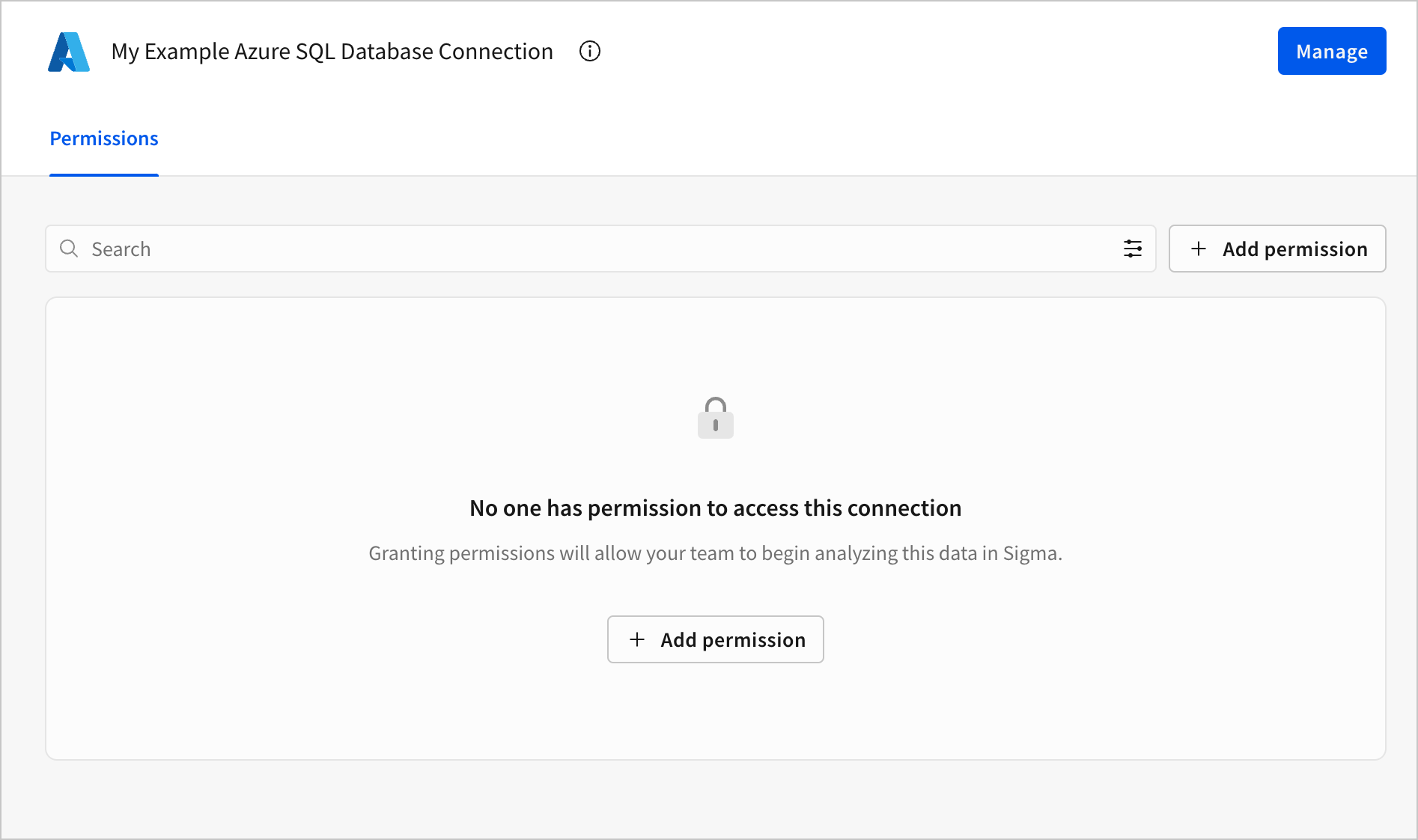 The Permissions tab for a connection named My Example Azure SQL Database Connection, showing the empty state message No one has permission to access this connection.