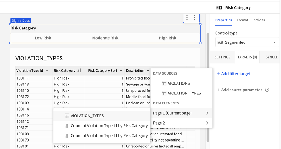 A dropdown listing data sources and data elements available as filter targets, with the VIOLATION_TYPES table highlighted.