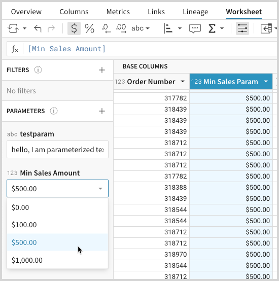 Parameter value set to 500 and Min Sales Param column reflecting the value as $500.00 because the column formula is equivalent to the parameter value.