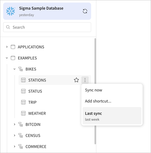 The connection browser with the EXAMPLES database expanded to show the BIKES schema and its tables, with the More menu open next to the STATIONS table showing options to sync now, add a shortcut, and view the last sync time.