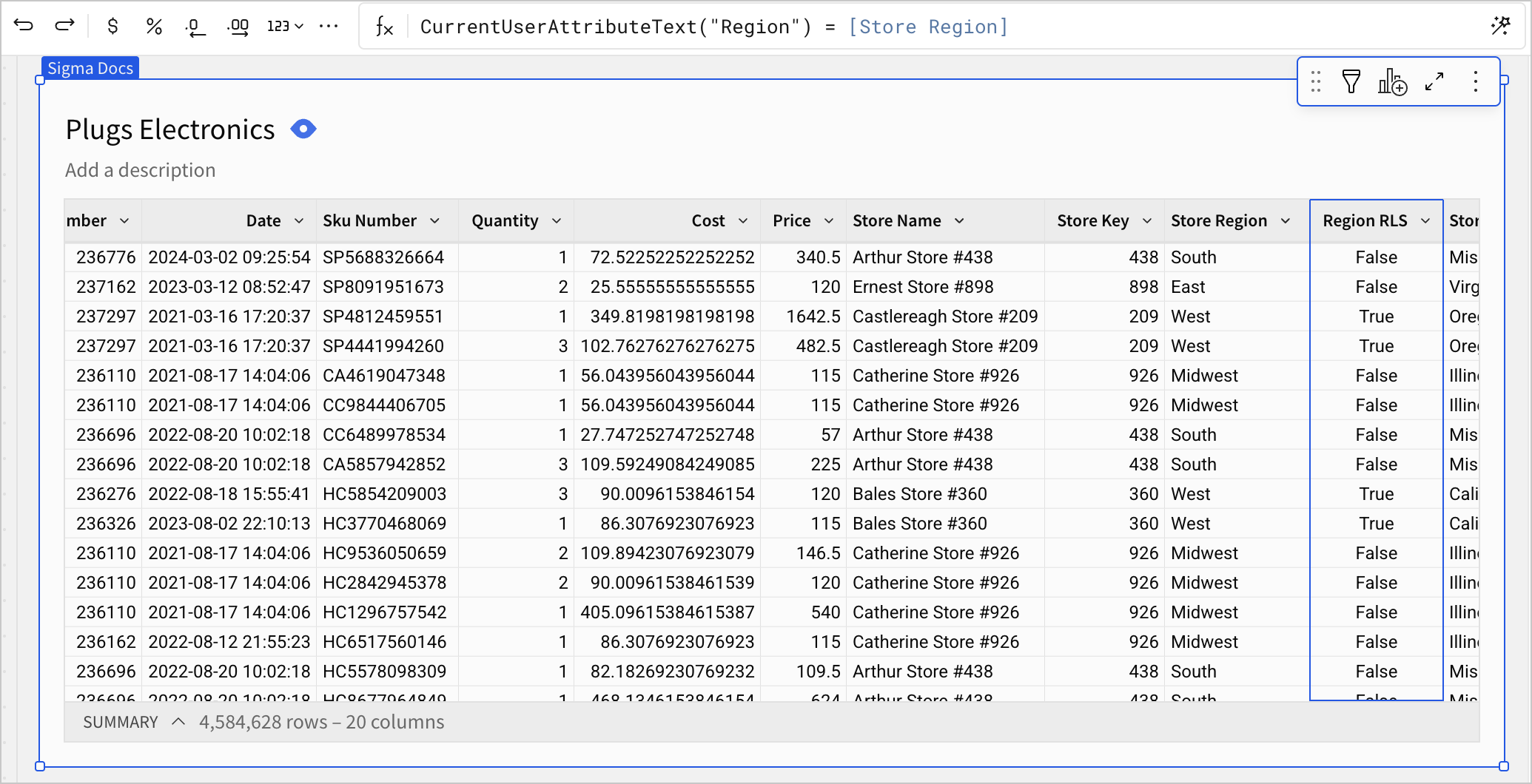 Plugs Electronics Hands on Lab data in a data model table with a column titled Region RLS highlighted and a formula that matches the surrounding text. For rows with the Store Region column value of West, the Region RLS column is True, and for other rows the Region RLS column is False.