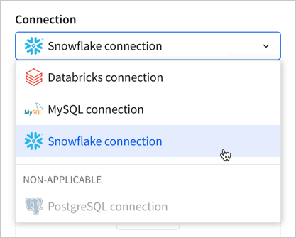 The Connection dropdown open with cursor hovering over an available connection