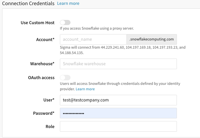 The Connection Credentials section of a Snowflake connection form, with the Account, Warehouse, User, Password, and Role fields and the Use Custom Host and OAuth access toggles switched off.