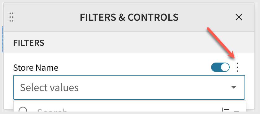 The Filters & Controls panel for the Store Name filter, with the 3-dot menu highlighted to open its options.